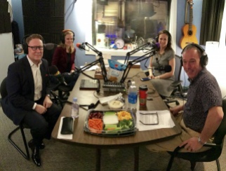 Timothy Lowery (front left) and Whitney Burns (back right) join co-hosts Bill Thorne (front right) and Sarah Rand (back left) in the podcast studio.